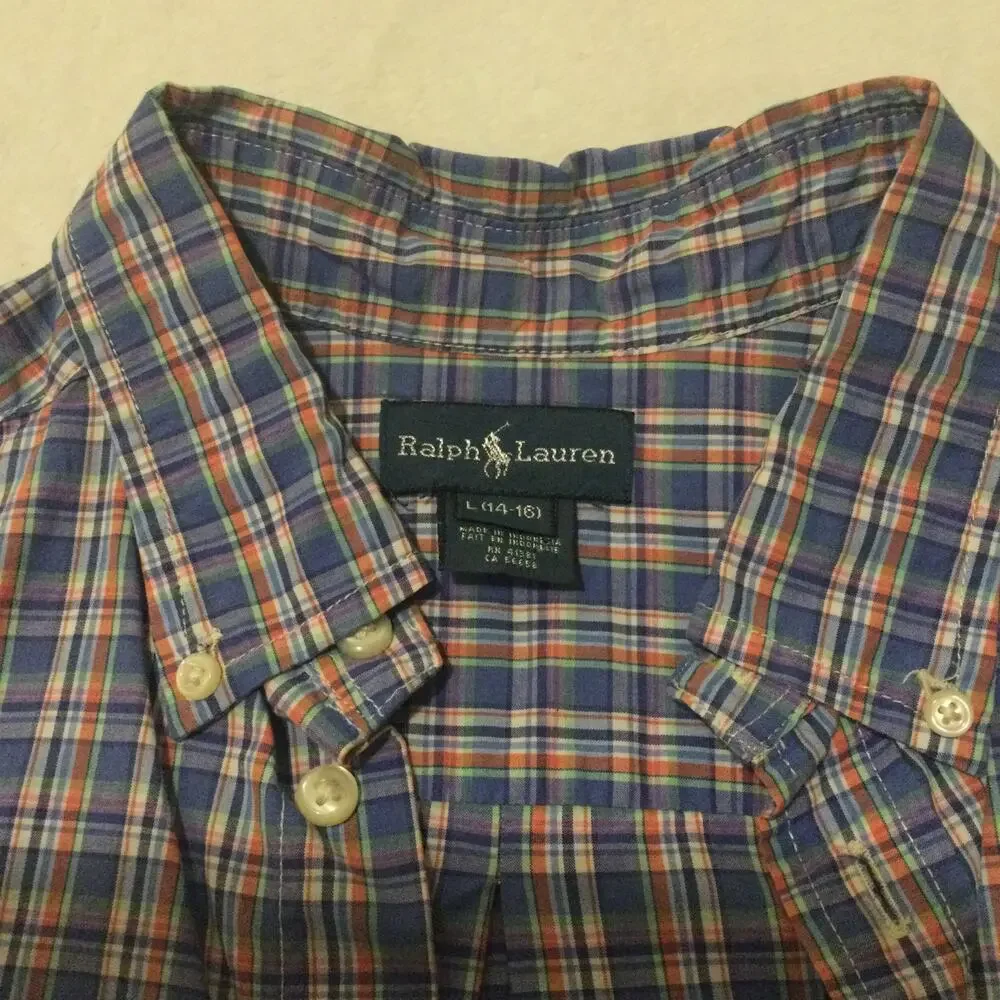 Ralph Lauren Blue Plaid Button Down Shirt Boys Size Large 14-16‎